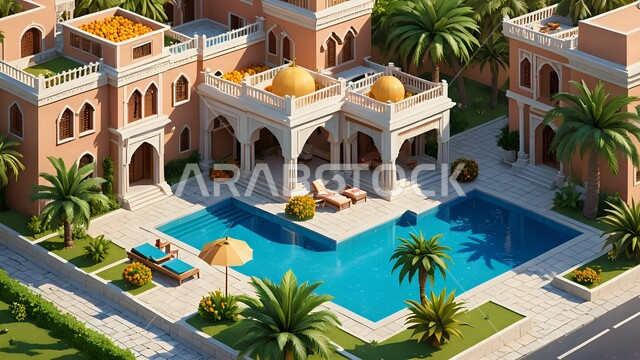 الفن الهندسي المعماري في بناء الشقق والفلل السكنية, تصاميم ثلاثية الأبعاد لمبنى عربي في السعودية, أشجار النخيل والطبيعة الخضراء حول حمام السباحة في الحديقة الخارجية, الديكورات الحديثة للبيوت والمنازل العربية في المملكة