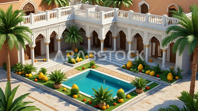 تصاميم ثلاثية الأبعاد لمبنى عربي في السعودية, الفن الهندسي المعماري في بناء الشقق والفلل السكنية, أشجار النخيل والطبيعة الخضراء حول حمام السباحة في الحديقة الخارجية, الديكورات الحديثة للبيوت والمنازل العربية في المملكة