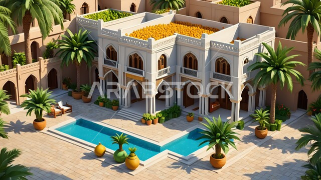 Architectural engineering art in building residential apartments and villas, three-dimensional designs for an Arab building in Saudi Arabia, palm trees and green nature around the swimming pool in the outdoor garden, modern decorations for Arab homes and houses in the Kingdom