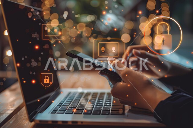 استخدام الهاتف المحمول، التطور الالكتروني والنمو التكنولوجي، صورة مقربة لايدي رجل يقوم بإنجاز الاعمال والمهام على جهاز اللابتوب، مفهوم البرمجة الحاسوبية، رموز رقمية هولوجرامية لأيقونات الكمبيوتر وشبكات الإنترنت