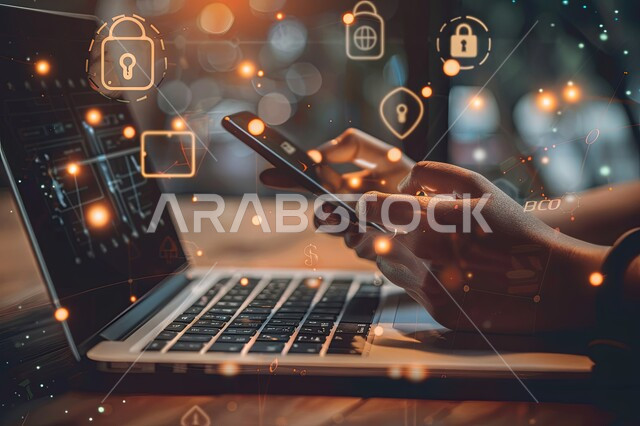 استخدام الهاتف المحمول، التطور الالكتروني والنمو التكنولوجي، صورة مقربة لايدي رجل يقوم بإنجاز الاعمال والمهام على جهاز اللابتوب، مفهوم البرمجة الحاسوبية، رموز رقمية هولوجرامية لأيقونات الكمبيوتر وشبكات الإنترنت