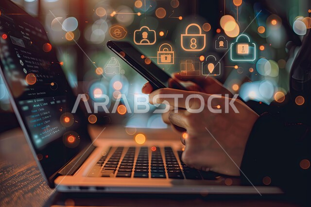 استخدام الهاتف المحمول، التطور الالكتروني والنمو التكنولوجي، صورة مقربة لايدي رجل يقوم بإنجاز الاعمال والمهام على جهاز اللابتوب، مفهوم البرمجة الحاسوبية، رموز رقمية هولوجرامية لأيقونات الكمبيوتر وشبكات الإنترنت