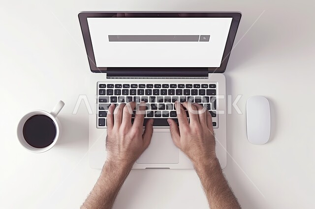 التطور الالكتروني والنمو التكنولوجي، صورة من الاعلى لايدي رجل عربي خليجي يقوم بإنجاز الاعمال والمهام على جهاز اللابتوب، مفهوم البرمجة الحاسوبية، مهن ووظائف سعودية، استخدام التقنيات الحديثة والمتطورة، خلفية بيضاء