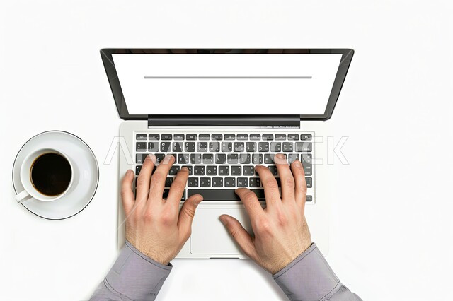 التطور الالكتروني والنمو التكنولوجي، صورة من الاعلى لايدي رجل عربي خليجي يقوم بإنجاز الاعمال والمهام على جهاز اللابتوب، مفهوم البرمجة الحاسوبية، مهن ووظائف سعودية، استخدام التقنيات الحديثة والمتطورة، خلفية بيضاء