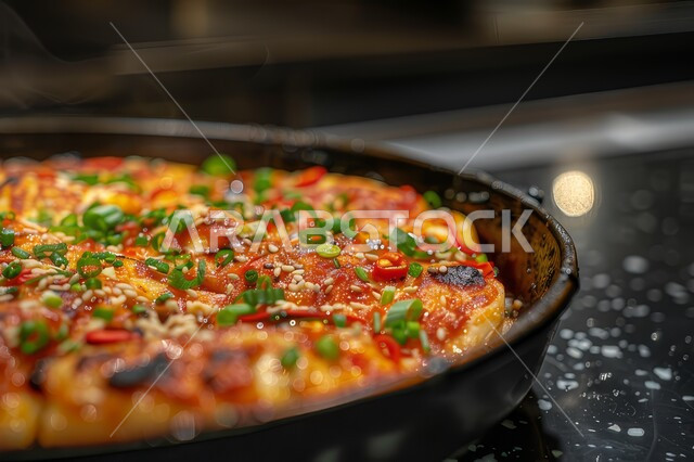 فطيرة البيتزا المزينة بالأعشاب والخضراوات على طبق أسود، المعجنات والمخبوزات الشهية الطازجة، طريقة تحضير وتقديم الفطائر في مطاعم المملكة العربية السعودية، وجبات الطعام السريعة