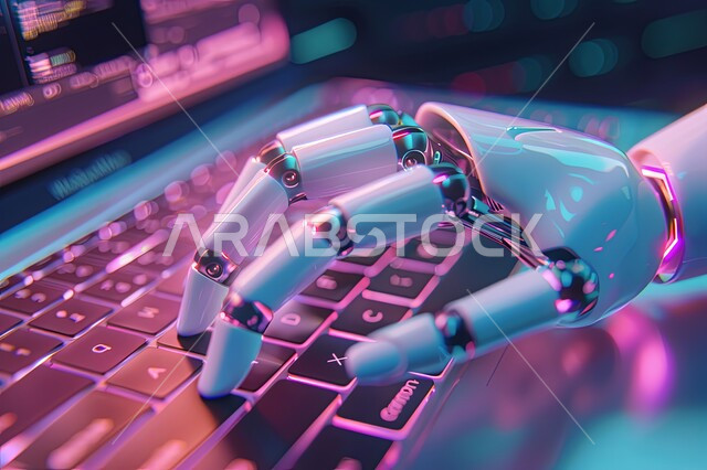 روبوت ذكي وحديث, رؤية مستقبلية سعودية 2030, صورة مقربة لأيدي رجل آلي عصري متطور يقوم بإنجاز الاعمال والمهام على جهاز اللابتوب, مفهوم التحول الرقمي والتقدم التقني، استخدام التقنيات والتكنولوجيا المتطورة