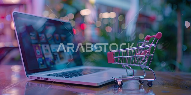 مفهوم التسوق عبر الانترنت، صورة مقربة لعربة تسوق صغيرة بجانب جهاز اللابتوب المحمول، التجارة والتسويق الإلكتروني، استخدام التقنيات الالكترونية الحديثة 