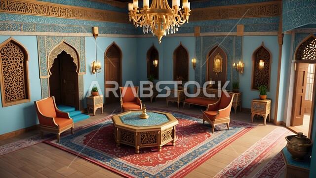  اكسسوارات وأضواء ذهبية معلقة بالسقف، مفروشات وأثاث أنيق وبسيط, تصاميم شعبية للشقق السكنية في المملكة, ديكورات داخلية لغرف المعيشة في السعودية, الفن الهندسي المعماري في بناء البيوت على الطراز العربي التقليدي