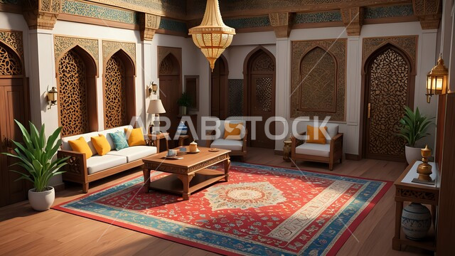  اكسسوارات وأضواء ذهبية معلقة بالسقف، مفروشات وأثاث أنيق وبسيط, تصاميم شعبية للشقق السكنية في المملكة, ديكورات داخلية لغرف المعيشة في السعودية, الفن الهندسي المعماري في بناء البيوت على الطراز العربي التقليدي