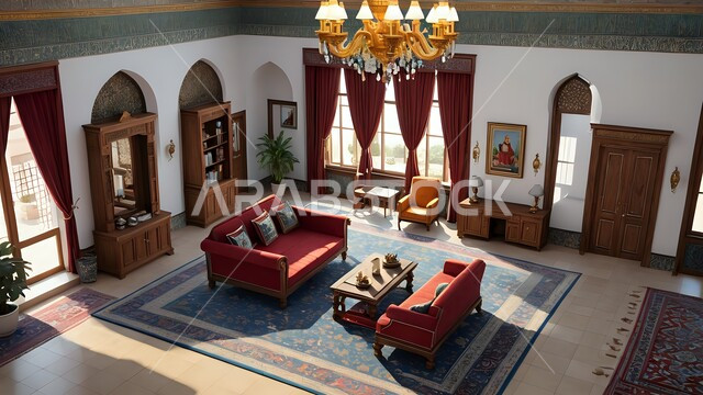 تصاميم شعبية للشقق السكنية في المملكة, ديكورات داخلية لغرف المعيشة في السعودية, الفن الهندسي المعماري في بناء البيوت على الطراز العربي التقليدي, مفروشات وأثاث أنيق وبسيط, اكسسوارات وأضواء ذهبية معلقة بالسقف