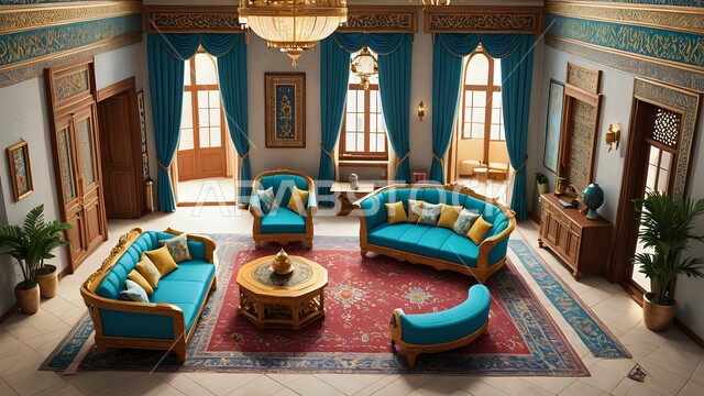 تصاميم شعبية للشقق السكنية في المملكة, ديكورات داخلية لغرف المعيشة في السعودية, الفن الهندسي المعماري في بناء البيوت على الطراز العربي التقليدي, مفروشات وأثاث أنيق وبسيط, اكسسوارات وأضواء ذهبية معلقة بالسقف