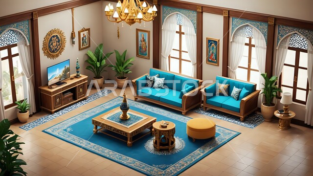  ديكورات داخلية لغرف المعيشة في السعودية, الفن الهندسي المعماري في بناء البيوت على الطراز العربي التقليدي, تصاميم شعبية للشقق السكنية في المملكة, مفروشات وأثاث أنيق وبسيط, اكسسوارات وأضواء ذهبية معلقة بالسقف