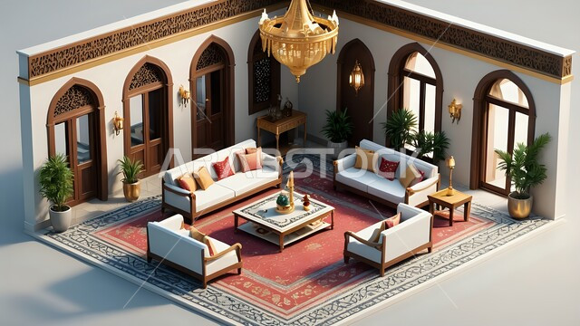 Interior decorations for living rooms in Saudi Arabia, architectural art in building houses in the traditional Arab style, popular designs for residential apartments in the Kingdom, elegant and simple furnishings and furnishings, accessories and golden lights hanging from the ceiling