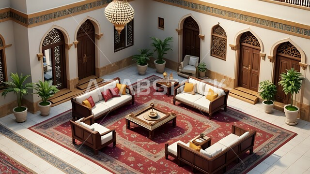 الفن الهندسي المعماري في بناء البيوت على الطراز العربي التقليدي, ديكورات داخلية لغرف المعيشة في السعودية, تصاميم شعبية للشقق السكنية في المملكة, مفروشات وأثاث أنيق وبسيط, اكسسوارات وأضواء ذهبية معلقة بالسقف