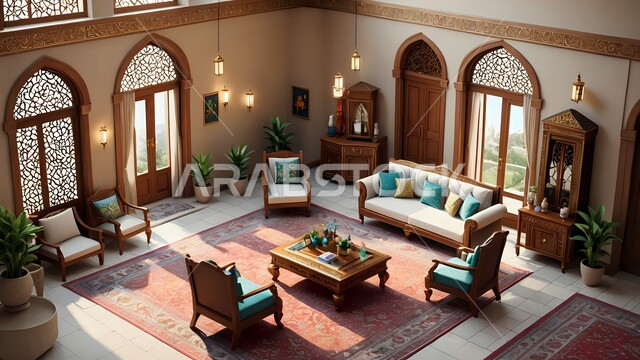 الفن الهندسي المعماري في بناء البيوت على الطراز العربي التقليدي, ديكورات داخلية لغرف المعيشة في السعودية, تصاميم شعبية للشقق السكنية في المملكة, مفروشات وأثاث أنيق وبسيط, اكسسوارات وأضواء ذهبية معلقة بالسقف