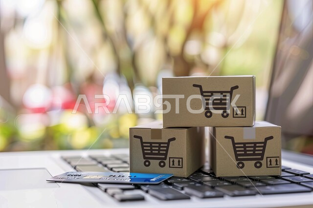 The concept of online shopping, a close-up of cardboard shopping boxes with a laptop, e-commerce and marketing, the use of modern electronic technologies