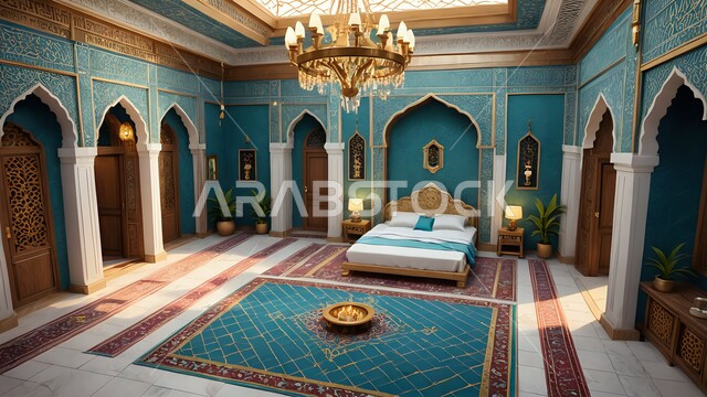 الديكورات الداخلية لغرفة نوم تقليدية في المملكة العربية السعودية, تصاميم على الطراز العربي المريح, سرير وأثاث خشبي مزخرف, أضواء وثريا مضيئة معلقة بالسقف, سجادة أنيقة بنقوش شعبية