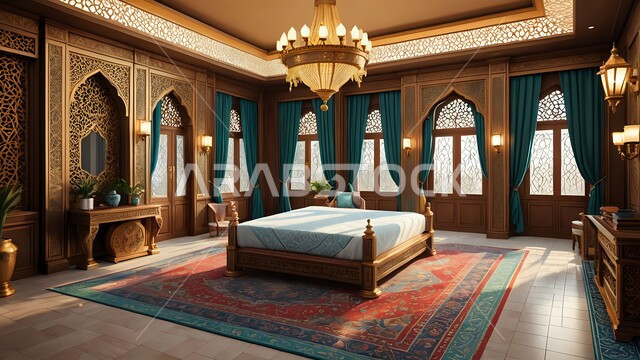 الديكورات الداخلية لغرفة نوم تقليدية في المملكة العربية السعودية, تصاميم على الطراز العربي المريح, سرير وأثاث خشبي مزخرف, أضواء وثريا مضيئة معلقة بالسقف, سجادة أنيقة بنقوش شعبية