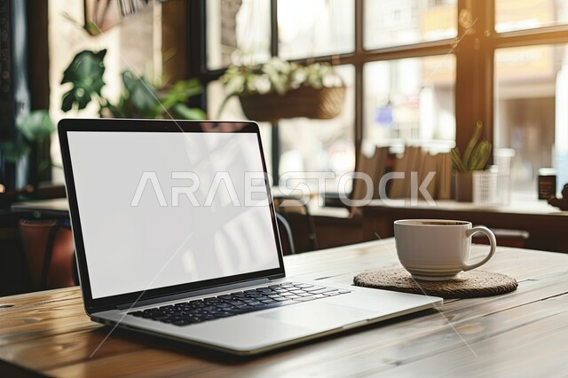 استخدام التقنيات المتطورة، صورة مقربة لجهاز الحاسوب المحمول على طاولة خشبية في إحدى المقاهي بشاشه بيضاء فارغة مع فنجان قهوة, دور التكنولوجيا الحديثة في انجاز الاعمال، مفهوم ادارة المشاريع