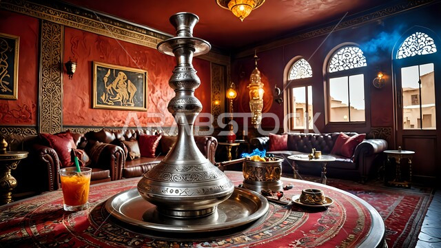 الديكورات الداخلية التقليدية لغرفة المعيشة, شيشة عربية معدنية مزخرفة موضوعة على الطاولة, عادات العرب القديمة الأصيلة, أدوات نحاسية بنقوش وزخارف تاريخية, الحفاظ على إرث الأجداد عبر الأجيال, شعبيات تراثية سعودية