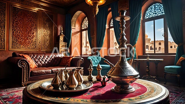الديكورات الداخلية التقليدية لغرفة المعيشة, شيشة عربية معدنية مزخرفة موضوعة على الطاولة, عادات العرب القديمة الأصيلة, أدوات نحاسية بنقوش وزخارف تاريخية, الحفاظ على إرث الأجداد عبر الأجيال, شعبيات تراثية سعودية