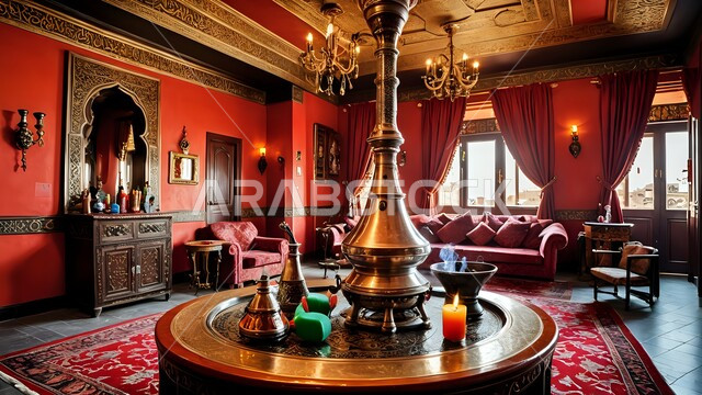 شيشة عربية معدنية مزخرفة موضوعة على الطاولة, الديكورات الداخلية التقليدية لغرفة المعيشة, عادات العرب القديمة الأصيلة, أدوات نحاسية بنقوش وزخارف تاريخية, الحفاظ على إرث الأجداد عبر الأجيال, شعبيات تراثية سعودية