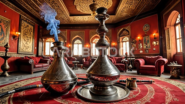 شيشة عربية معدنية مزخرفة موضوعة على الطاولة, الديكورات الداخلية التقليدية لغرفة المعيشة, عادات العرب القديمة الأصيلة, أدوات نحاسية بنقوش وزخارف تاريخية, الحفاظ على إرث الأجداد عبر الأجيال, شعبيات تراثية سعودية