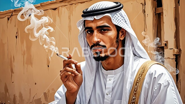 الآثار السلبية للإدمان على التبغ والسجائر، تعاطي مواد ضارة وسامة, لوحة فنية بالألوان الزيتية لشاب عربي خليجي سعودي يرتدي الثوب التقليدي و الشماغ يقوم بتدخين سيجارة, عادات سلوكية خاطئة
