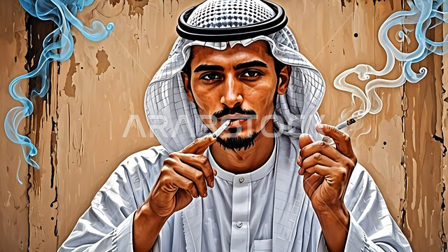 عادات سلوكية خاطئة، الآثار السلبية للإدمان على التبغ والسجائر، تعاطي مواد ضارة وسامة, لوحة فنية بالألوان الزيتية لشاب عربي خليجي سعودي يرتدي الثوب التقليدي و الشماغ يقوم بتدخين سيجارة