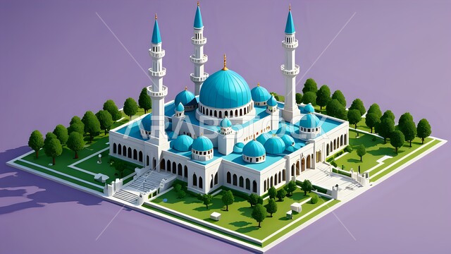 المعالم الدينية الإسلامية المقدسة، القبب والمآذن الشامخة, مكان أداء الفرائض والصلوات والتقرب إلى الله، مجسم ثلاثي الأبعاد لمسجد بتصميم على الطراز الاسلامي، الفن الهندسي المعماري لبناء المساجد في المملكة العربية السعودية