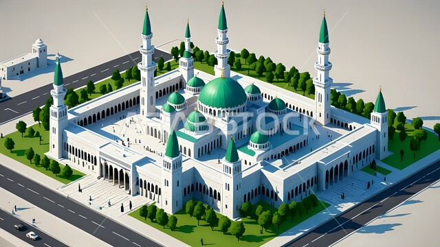 القبب والمآذن الشامخة, مكان أداء الفرائض والصلوات والتقرب إلى الله، مجسم ثلاثي الأبعاد لمسجد بتصميم على الطراز الاسلامي، الفن الهندسي المعماري لبناء المساجد في المملكة العربية السعودية، المعالم الدينية الإسلامية المقدسة