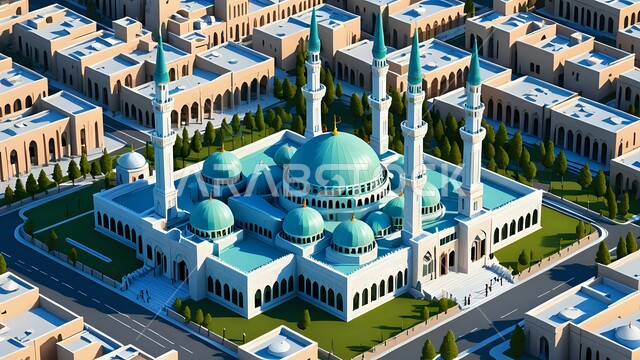 القبب والمآذن الشامخة, مكان أداء الفرائض والصلوات والتقرب إلى الله، مجسم ثلاثي الأبعاد لمسجد بتصميم على الطراز الاسلامي، الفن الهندسي المعماري لبناء المساجد في المملكة العربية السعودية، المعالم الدينية الإسلامية المقدسة