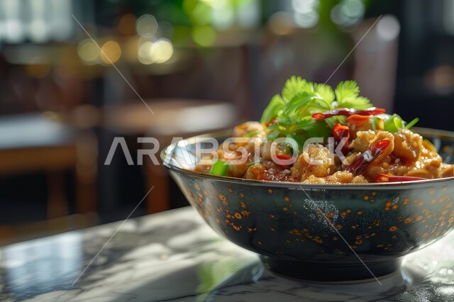طبق من حساء الخضار مع صلصة الطماطم المزين بالأعشاب الخضراء, أكلات وأطباق شعبية تقليدية، المقبلات الساخنة الشهية، المأكولات والوجبات الشرقية، وصفات الطعام الآسييوية, مطابخ ومطاعم المملكة العربية السعودية