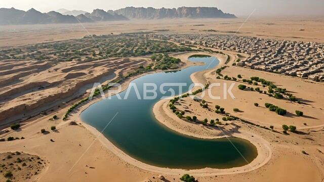 التلال والكثبان الرملية الناعمة في الصحراء، المحميات الطبيعية في المملكة العربية السعودية، صورة من الأعلى للواحات ومزارع أشجار النخيل في المناطق الصحراوية حول البحيرات المائية، مناطق رحلات السفاري الترفيهية