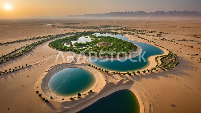 التلال والكثبان الرملية الناعمة في الصحراء، المحميات الطبيعية في المملكة العربية السعودية، صورة من الأعلى للواحات ومزارع أشجار النخيل في المناطق الصحراوية حول البحيرات المائية، مناطق رحلات السفاري الترفيهية