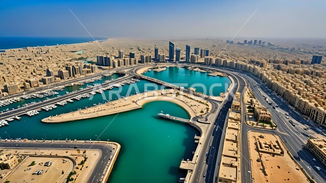 الواجهة البحرية السياحية, التطور والنمو العمراني في المملكة العربية السعودية, الأبراج وناطحات السحاب الشاهقة, صورة من الأعلى للمباني والفنادق الحديثة المطلة على المنطقة الساحلية, موانئ السفن والقوارب على شاطئ البحر