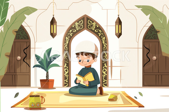   رسوم توضيحية ثلاثية الأبعاد لولد عربي خليجي سعودي يجلس بداخل مسجد ويحمل بيده المصحف الشريف، الفطرة السليمة الصحيحة، تعزيز تلاوة وحفظ كتاب الله، العبادة والتقرب إلى الله
