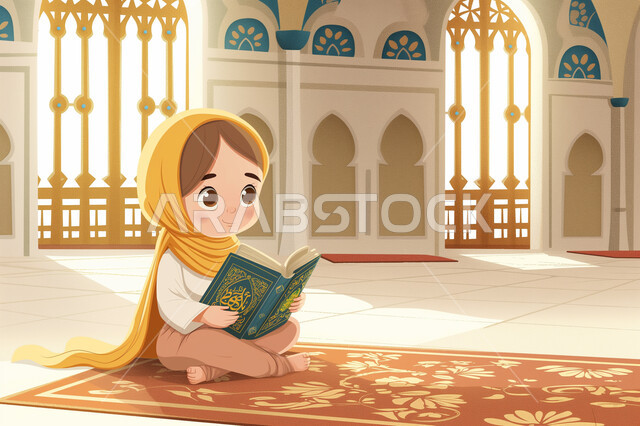 تعزيز تلاوة وحفظ كتاب الله، العبادة والتقرب إلى الله، رسوم توضيحية ثلاثية الأبعاد لفتاةعربية خليجية سعودية محجبة تجلس بداخل مسجد ويحمل بيده المصحف الشريف، الفطرة السليمة الصحيحة