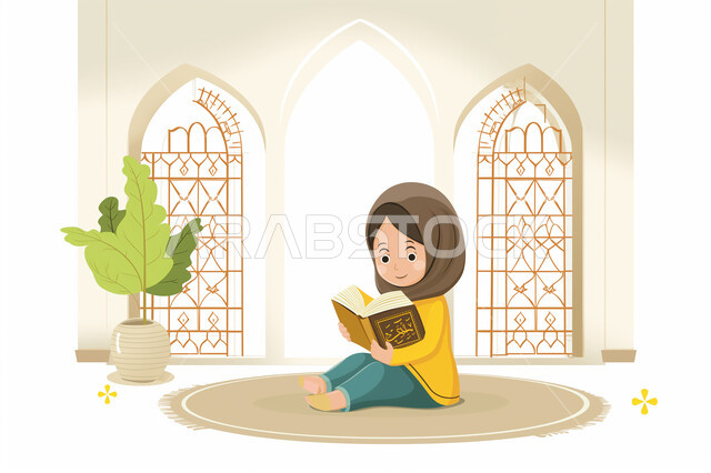 العبادة والتقرب إلى الله، رسوم توضيحية ثلاثية الأبعاد لفتاةعربية خليجية سعودية محجبة تجلس بداخل مسجد ويحمل بيده المصحف الشريف، الفطرة السليمة الصحيحة، تعزيز تلاوة وحفظ كتاب الله