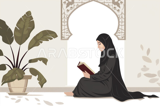 أدعية وأذكار إسلامية، العبادة والتقرب إلى الله ، رسوم توضيحية ثلاثية الأبعاد لامرأة عربية خليجية سعودية محجبة تحمل بيدها المصحف الشريف ويجلس على سجادة الصلاة بداخل مسجد، ذكر الله تعالى والتسبيح، تلاوة وحفظ القرآن الكريم