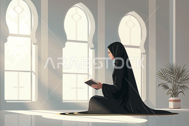 العبادة والتقرب إلى الله ، رسوم توضيحية ثلاثية الأبعاد لامرأة عربية خليجية سعودية محجبة تحمل بيدها المصحف الشريف ويجلس على سجادة الصلاة بداخل مسجد، ذكر الله تعالى والتسبيح، تلاوة وحفظ القرآن الكريم، أدعية وأذكار إسلامية