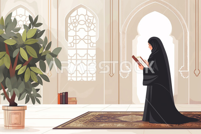 أذكار وأدعية إسلامية، العبادة والتقرب إلى الله ، رسوم توضيحية ثلاثية الأبعاد لامرأة عربية خليجية سعودية محجبة تحمل بيدها المصحف الشريف وتقف بداخل مسجد، ذكر الله تعالى والتسبيح، تلاوة وحفظ القرآن الكريم