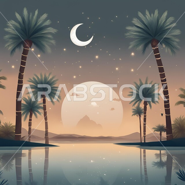 Traditional designs to celebrate Islamic religious occasions, nature background at night time with the bright moon in the sky, templates for congratulating the New Hijri Year, Islamic spiritual atmosphere