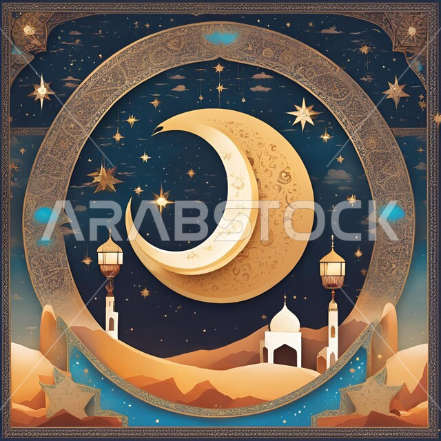 Traditional designs to celebrate Islamic religious occasions, nature background at night time with the bright moon in the sky, templates for congratulating the New Hijri Year, Islamic spiritual atmosphere