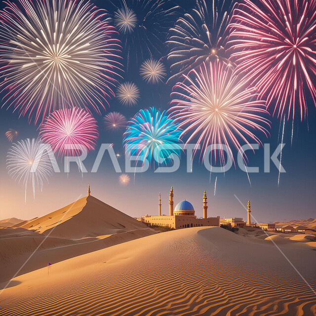 المفرقعات الملونة والالعاب النارية في وقت الليل, تصاميم تقليدية للاحتفال بالمناسبات الدينية الإسلامية, خلفية القبب والمآذن الشامخة للمساجد في الصحراء، قوالب للتهنئة بالسنة الهجرية الجديدة, أجواء روحانية إسلامية