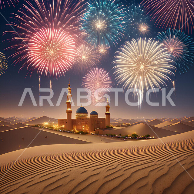 Colorful firecrackers and fireworks at night, traditional designs to celebrate Islamic religious occasions, background of the towering domes and minarets of mosques in the desert, templates for congratulating the Hijri New Year, an Islamic spiritual atmosphere