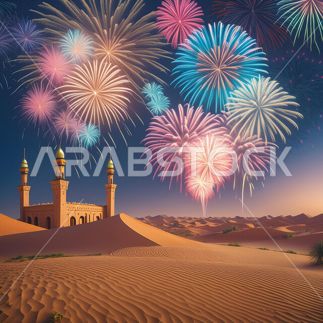 المفرقعات الملونة والالعاب النارية في وقت الليل, تصاميم تقليدية للاحتفال بالمناسبات الدينية الإسلامية, خلفية القبب والمآذن الشامخة للمساجد في الصحراء، قوالب للتهنئة بالسنة الهجرية الجديدة, أجواء روحانية إسلامية