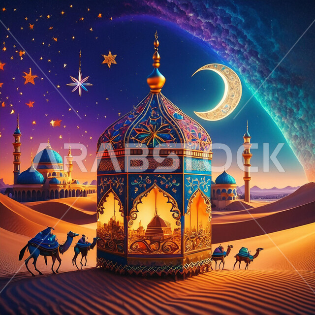 فانوس معدني مزخرف مضيء على الرمال الذهبية, ديكورات تقليدية للاحتفال بالمناسبات الدينية الإسلامية, خلفية بالهلال المنير في السماء المظلمة, حيوانات الجمل تسير في الصحراء، قوالب للتهنئة بالسنة الهجرية الجديدة, أجواء روحانية إسلامية