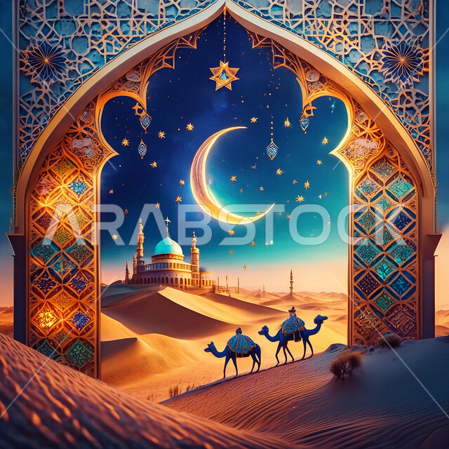قوالب للتهنئة بالسنة الهجرية الجديدة, ديكورات تقليدية للاحتفال بالمناسبات الدينية الإسلامية, خلفية قبب ومآذن المساجد العريقة، الهلال المنير في السماء المظلمة, حيوانات الجمل تسير في الصحراء، أجواء روحانية إسلامية