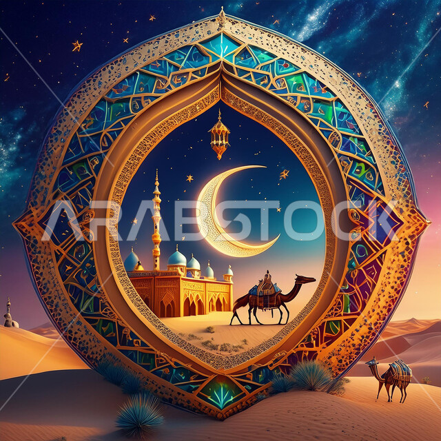 قوالب للتهنئة بالسنة الهجرية الجديدة, ديكورات تقليدية للاحتفال بالمناسبات الدينية الإسلامية, خلفية قبب ومآذن المساجد العريقة، الهلال المنير في السماء المظلمة, حيوانات الجمل تسير في الصحراء، أجواء روحانية إسلامية